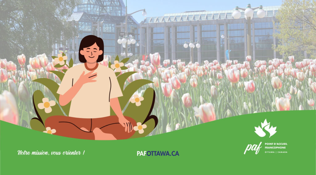 Illustration en paysage avec une perspective du musée de la guerre aa Ottawa et des tulipes en premier plan. Devant se tient un personnage féminin illustré assis en lotus dans le tulipes avec la main sur la poitrine et un visage apaisé. Logos et accroche en bas de l'illustration.