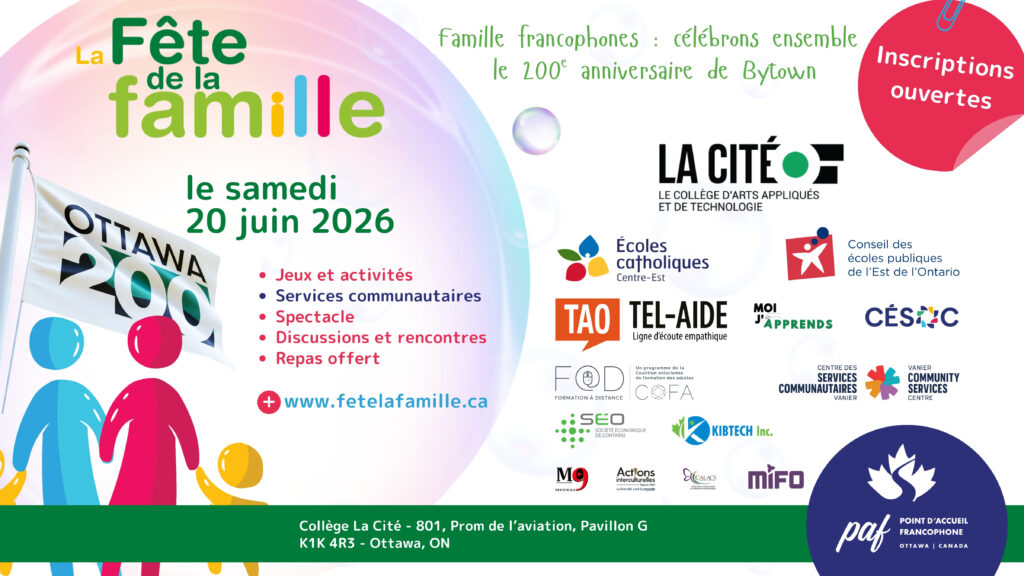 Affiche annonçant la Fête de la famille, le 20 juin 2026 à Ottawa à La Cité, avec activités, services et repas offerts pour les familles francophones.