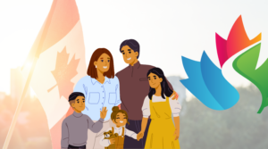 Illustration d'une famille souriante de cinq personnes devant un drapeau canadien, avec le motif coloré du logo CÉSOC à droite.