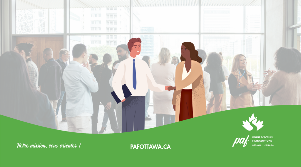 Affiche annonçant un atelier intitulé « Découverte des formations et programmes offerts à La Cité », présenté en partenariat avec La Cité. L’événement a lieu le mercredi 28 octobre, de 10 h à 12 h, dans les bureaux du PAF à Ottawa. Une illustration représente une personne avec un sac et des livres, évoquant les études et la formation.