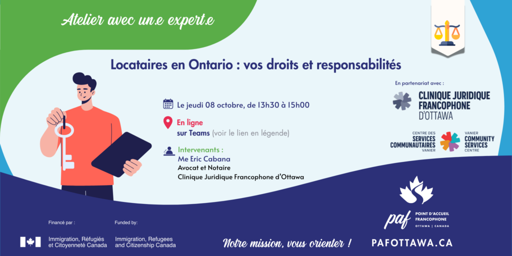 Affiche promotionnelle d’un atelier en ligne intitulé « Locataires en Ontario : vos droits et responsabilités ».