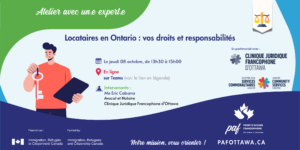 Affiche promotionnelle d’un atelier en ligne intitulé « Locataires en Ontario : vos droits et responsabilités ».