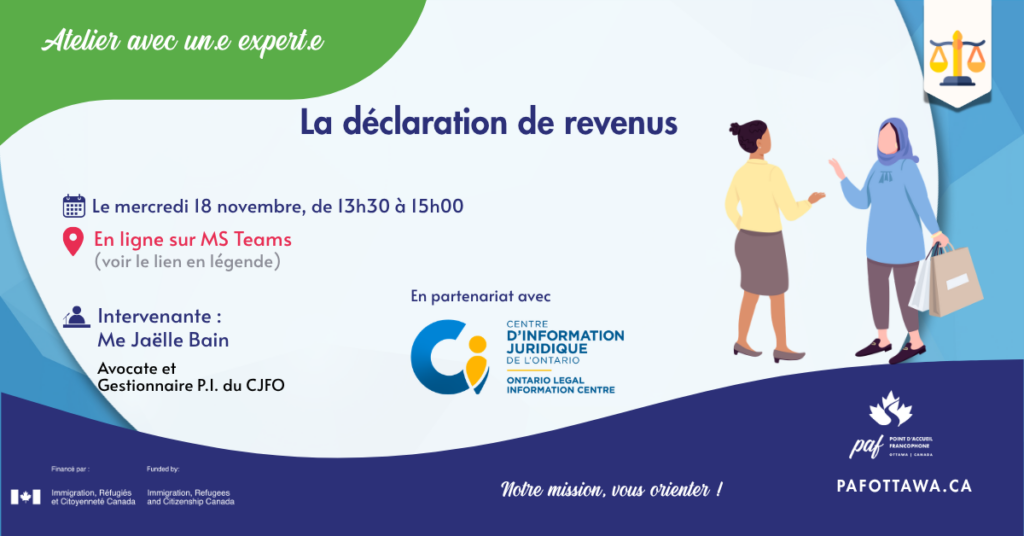 Affiche annonçant un atelier intitulé « Découverte des formations et programmes offerts à La Cité », présenté en partenariat avec La Cité. L’événement a lieu le mercredi 28 octobre, de 10 h à 12 h, dans les bureaux du PAF à Ottawa. Une illustration représente une personne avec un sac et des livres, évoquant les études et la formation.